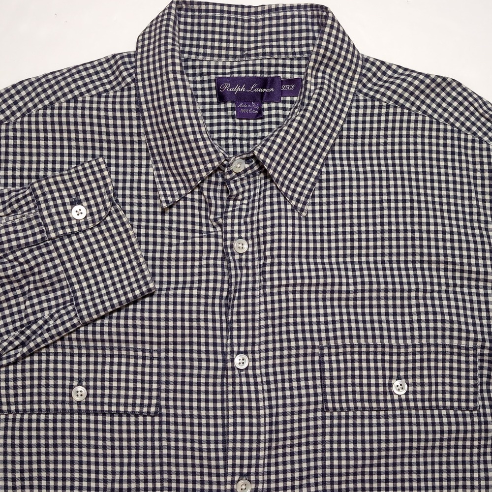 RALPH LAUREN PURPLE LABEL Button Down Mens XXL 2XL Navy Blue Checks Italy
